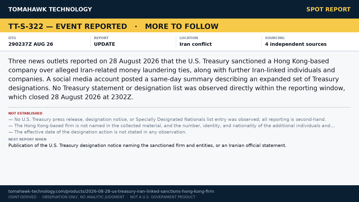 News Reporting Describes U.S. Treasury Sanctions on Hong Kong-Based Firm and Additional Iran-Linked Entities